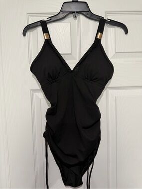 Black One-Piece Swimsuit with V-Neck and Adjustable Straps